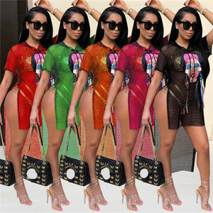 Summer Beach Mesh Dress Women Character Print Side Split Front Long Back Short Hollow out Beachwear Boho Sexy Mini Dress