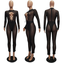 Load image into Gallery viewer, Long Sleeve Rhinestone Sexy Bodycon Jumpsuit Women Hollow Out Lace Up Long Pants Romper Party Club Sheer Mesh Jumpsuits Catsuit