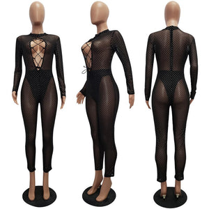 Long Sleeve Rhinestone Sexy Bodycon Jumpsuit Women Hollow Out Lace Up Long Pants Romper Party Club Sheer Mesh Jumpsuits Catsuit