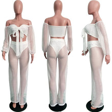 Load image into Gallery viewer, Sexy Fishnet Beach Two Piece Sets Women Mesh Hollow Out Strapless Bow Tie Crop Top and Wide Leg Pant Suits Matching Sets Outfits