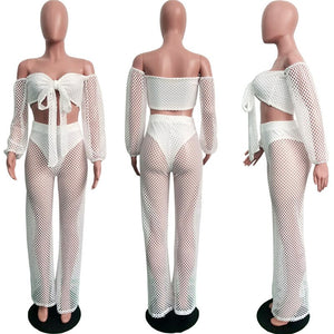 Sexy Fishnet Beach Two Piece Sets Women Mesh Hollow Out Strapless Bow Tie Crop Top and Wide Leg Pant Suits Matching Sets Outfits