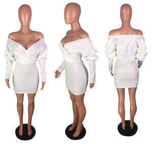 Off The Shoulder Sexy Party Dresses Women Spring Elegant Overlap White Lantern Long Sleeve Bodycon Dress Mini Night Club Dresses