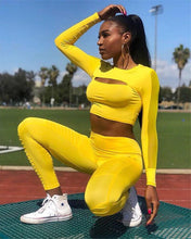 Load image into Gallery viewer, Womens Tracksuit Hollow Out Long Sleeve Crop Top and Legging Pants 2 Piece Set Female Mesh Casual Summer Outfits Fitness Wear