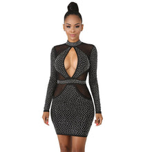 Load image into Gallery viewer, Rhinestone Sexy Bodycon Dress Women Turtleneck Long Sleeve Hollow Out Club Dress Elegant Black Sheer Mesh Sparkly Party Dresses