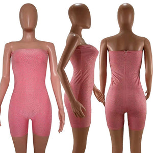 Sexy Rompers Womens Jumpsuit Party Clubwear Strapless Sparkly Rhinestone Bodysuit Pink Bodycon Bandage Jumpsuit Short Playsuit