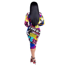 Load image into Gallery viewer, Winter Autumn Women Zipper V-neck Graffiti Print Knee-Length Bodycon Dress Female Sexy Slim Clubwear Party Midi Pencil Dresses