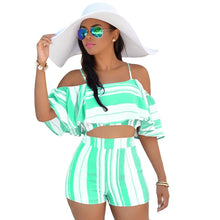 Load image into Gallery viewer, Sexy Summer Two Piece Set Women Striped Print Off Shoulder Crop Top and Shorts Suits Ruffles Bohemian Beachwear Casual Outfits