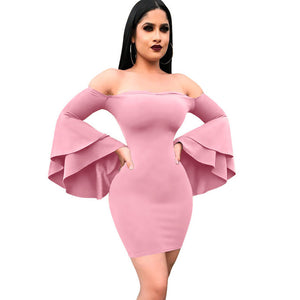 Women Elegant Long Flare Sleeve Sexy Off Shoulder Strapless Dress Sheath Fashion Slim Casual Party Club Bodycon Dress Vestidos