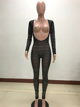 Load image into Gallery viewer, Sheer Mesh Sexy Black Rhinestone Jumpsuit Women Long Sleeve Open Front Skinny Full Bodysuits Pants Romper Club Party Jumpsuits