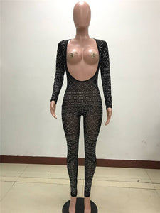 Sheer Mesh Sexy Black Rhinestone Jumpsuit Women Long Sleeve Open Front Skinny Full Bodysuits Pants Romper Club Party Jumpsuits