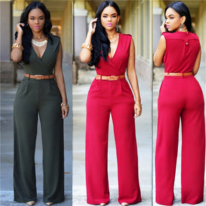 Elegant Women's Summer Solid Jumpsuits Sexy Deep V-Neck Sleeveless Fashion Rompers Side Pocket Long Jumpsuit Playsuit with Belt