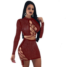 Load image into Gallery viewer, Autumn Sexy 2 Piece Dress Set Women Long Sleeve Hollow Out Lace Up Front Rhinestone Sheer Mesh Bodycon Club Dresses for Women