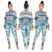 Load image into Gallery viewer, Plus Size Sweat Suits Women Tracksuit Set Cold Shoulder Ruffle Zipper Jacket and Pant Ladies Leisure Suit Floral Two Piece Set