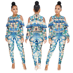 Plus Size Sweat Suits Women Tracksuit Set Cold Shoulder Ruffle Zipper Jacket and Pant Ladies Leisure Suit Floral Two Piece Set