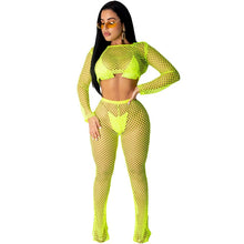 Load image into Gallery viewer, Sexy Club Two Piece Set Women Clothes Mesh Fishnet Hollow Out Crop Top and Pants See Through Summer Beach Matching Set Outfits