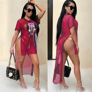 Summer Beach Mesh Dress Women Character Print Side Split Front Long Back Short Hollow out Beachwear Boho Sexy Mini Dress