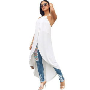 Summer Long Shirt Dress Women Sexy Sleeveless Chiffon Dress Beach Sundresses White Backless Irregular Split Long Party Dress