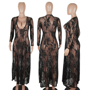 Black Sheer Floral Lace Maxi Dress High Waist Women Sexy See Through V-Neck Party Dress Ladies Summer Beach Long Dresses