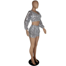 Load image into Gallery viewer, Sexy Party Club Sequin Two Piece Set Women 2 Piece Outfits Crop Top Shorts Set Festival Clothing Summer Matching Women Sets