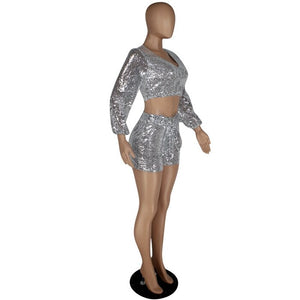 Sexy Party Club Sequin Two Piece Set Women 2 Piece Outfits Crop Top Shorts Set Festival Clothing Summer Matching Women Sets