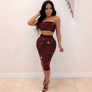 Ladies Sexy Two Piece Sets Party Women Summer Sets Elegant 2 Piece Crop Top and Bodycon Skirt Set Rhinestone Sexy Club Outfits