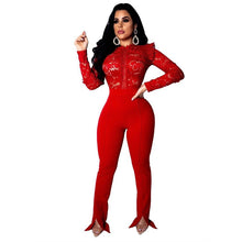 Load image into Gallery viewer, Sexy Red Lace Jumpsuit Women Long Sleeve High Waist See Through Full Bodysuit Long Romper Pants Skinny Elegant Evening Jumpsuits