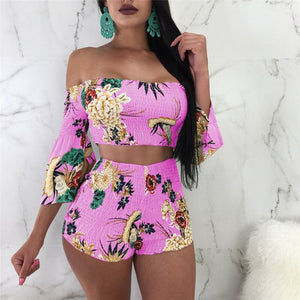 Summer Two Piece Shorts and Top Women Sexy Off the Shoulder Flare Sleeve Crop Tops + Shorts Floral Print Beach Wear Shorts Suit