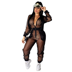 Sexy Sheer Mesh Jumpsuit Women Long Sleeve Zipper Overalls Pant Streetwear Hoodie Loose Casual Rompers Womens Jumpsuit Tracksuit