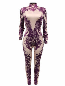 Floral Printed Bodycon Jumpsuit Women Winter Long Sleeve Skinny Long Pants Romper Tight Nightclub Party Jumpsuits Overalls