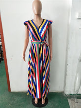 Load image into Gallery viewer, Casual Rainbow Striped Print Long Dresses Women Sleeveless V Neck Sashes Evening Party Dresses Summer Loose Beach Maxi Dress