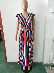 Casual Rainbow Striped Print Long Dresses Women Sleeveless V Neck Sashes Evening Party Dresses Summer Loose Beach Maxi Dress