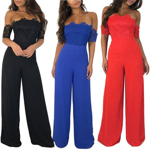 Sexy Strapless Off Shoulder Black Lace Jumpsuit Women Slash Neck Elegant Short Sleeve Overalls Wide Leg Pants Summer Romper XXL