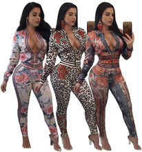 Load image into Gallery viewer, Women Rose Printed 2 Piece Sets Sweatsuit Long Sleeve Zipper Leopard Slim Casual Tracksuit Autumn 2 Piece Outfit Leisure Suits