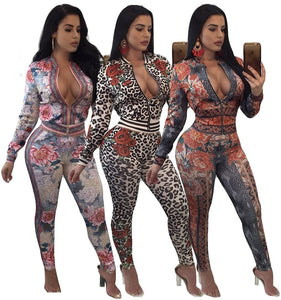 Women Rose Printed 2 Piece Sets Sweatsuit Long Sleeve Zipper Leopard Slim Casual Tracksuit Autumn 2 Piece Outfit Leisure Suits