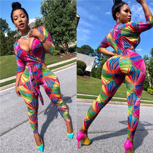 Load image into Gallery viewer, Geometric Print Deep V Neck Sexy Jumpsuit Women Autumn 3/4 Long Sleeve Club Party Playsuits High Waist Bodycon Jumpsuit Sashes