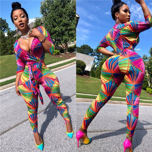 Geometric Print Deep V Neck Sexy Jumpsuit Women Autumn 3/4 Long Sleeve Club Party Playsuits High Waist Bodycon Jumpsuit Sashes