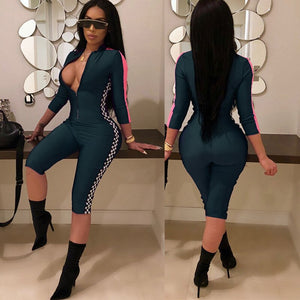 Summer Playsuits Shorts Casual One Piece Rompers Sexy V-Neck Front Zipper Plaid Print Bodycon Jumpsuit Fitness Bodysuit Catsuit