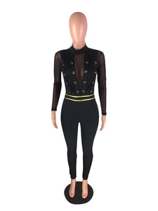 Black Long Sleeve Sexy Bodycon Jumpsuit Women Mesh Patchwork Bandage Jumpsuit Party Plus Size Overalls Club Skinny Romper Female