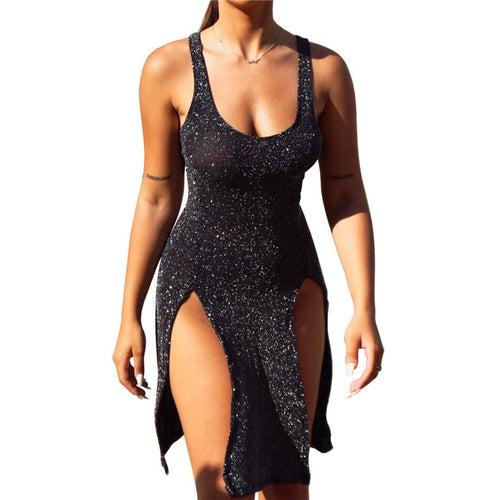 Sexy Black Cut Out Glitter Dress Women Sleeveless Tank High Split Christmas Party Dresses Back Hollow Out Sparkly Bodycon Dress