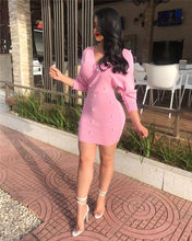 Load image into Gallery viewer, Women Pink Pearl Beading Long Sleeve Bodycon Dress Sexy V-Neck Sheath Slim Ladies Elegant Party Mini Club Dresses Vestidos