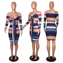 Load image into Gallery viewer, Knot Striped Ribbed Off The Shoulder Dress Women Long Sleeve High Waist Hollow Out Front Party Club Wear Sexy Bodycon Dress