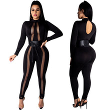 Load image into Gallery viewer, Sexy Bodycon Jumpsuits for Women Clothes Club Jumpsuits Black Transparent Mesh Patchwork Sashes Long Pants Romper Overalls