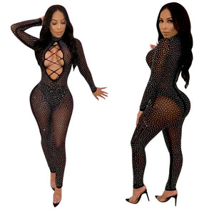 Long Sleeve Rhinestone Sexy Bodycon Jumpsuit Women Hollow Out Lace Up Long Pants Romper Party Club Sheer Mesh Jumpsuits Catsuit