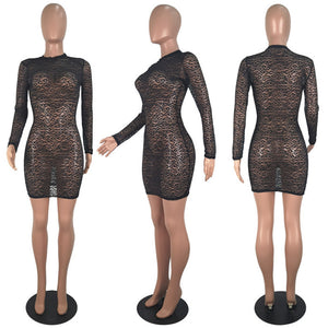 Women Summer Sexy Mini Party Dress Long Sleeve Leopard Print Bodycon Dress Bandage Sheer Mesh Black Club Lace Dress Vestidos