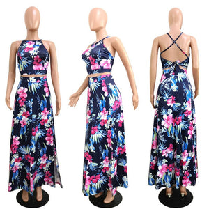 Floral Print 2 Piece Dress Women Summer Sexy Maxi Dresses Criss Cross Back Backless Long Sundress High Split Boho Beach Dress