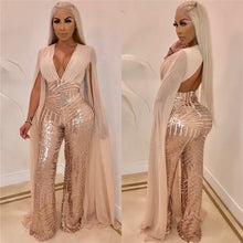 Load image into Gallery viewer, Women Chiffon Split Long Sleeve Sequin Jumpsuit Sexy V Neck Patchwork Loose Wide Leg Romper Evening Sparkly Jumpsuit Overalls