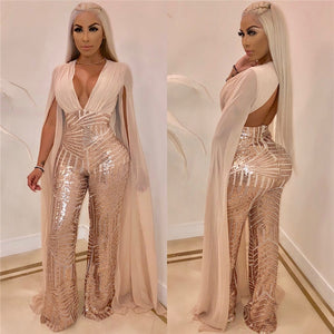 Women Chiffon Split Long Sleeve Sequin Jumpsuit Sexy V Neck Patchwork Loose Wide Leg Romper Evening Sparkly Jumpsuit Overalls