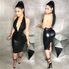 Load image into Gallery viewer, Sexy V Neck Lace Patchwork Leather Dress Women Halter Backless Back Split Bodycon Midi Dress Knee Length Evening Party Dresses