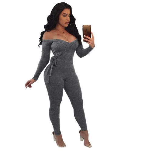 Winter Women Off Shoulder Party Bodycon Jumpsuit Elegant Skinny Slim Sexy Jumpsuit One Piece Long Sleeve Rompers Womens Jumpsuit