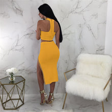 Load image into Gallery viewer, Sexy 2 Piece Dress Women O-neck Off Shoulder Sleeveless Crop Top and High-split Zipper Midi Skirt Clubwear Party Two Piece Set